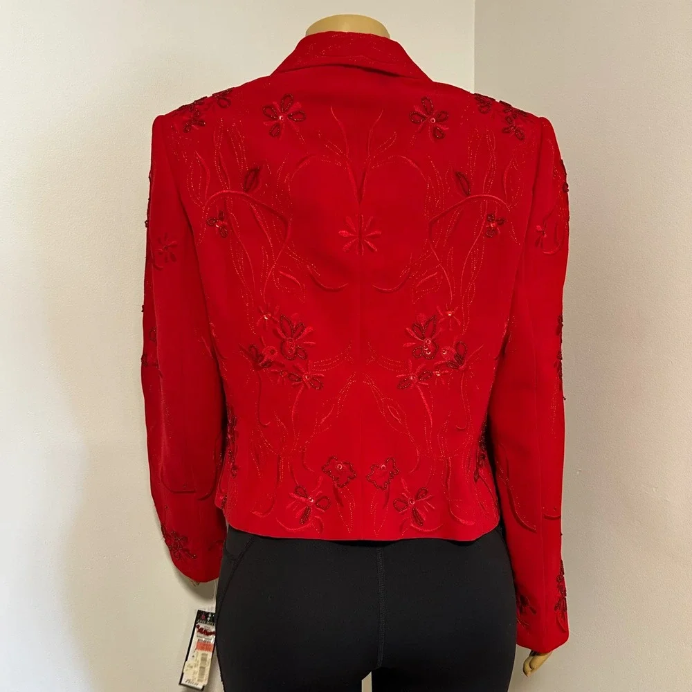 John Meyer of Norwich Red Embroidered Beaded Blazer Jacket Womens 14 NWT 792037A